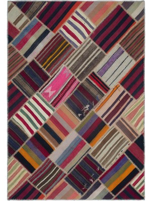 Bespoky 160x226 cm Mavi Çok renkli Patchwork Bohem Çizgili Halı | Salon Yatak Odası Halısı | UNİQUE-25537