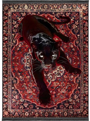 Drom Dokuma Taban Makinede Yıkanabilen Kilim Kaymaz Şönil Panter Desenli Vintage Dekoratif Halı