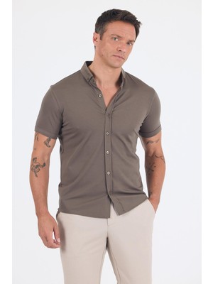 Koyu Haki Italyan Düğmeli Yaka Kısa Kol Cepsiz Slim Fit Gömlek 1004250255