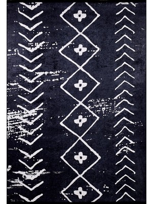 Bespoky 80x150 cm Siyah Geometrik Bohem Soyut geometrik Yıkanabilir Halı | Yatak Odası Mutfak Halısı | Leke Tutmayan, Kaymaz | HALN-HLN810