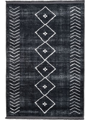Bespoky 80x150 cm Siyah Geometrik Bohem Elmas Yıkanabilir Halı | Yatak Odası Mutfak Halısı | Leke Tutmayan, Kaymaz | GEOMETRİC-2301A