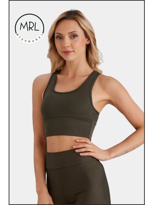 Kadın Haki Renk Spor Büstiyer Crop Halter Yaka Pedli Toparlayıcı Likralı Dalgıç Havuz Deniz Uygun