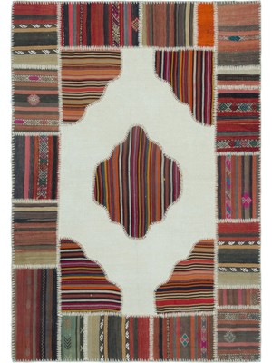 Bespoky 159x228 cm Bej Çok renkli Yama işi Etnik Çizgili Halı | Salon Yatak Odası Halısı | UNİQUE-25363