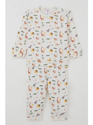 Breeze Erkek Bebek Pijama Takımı Omuzdan Patlı Bebek Hayvanat Bahçesi 4 Ay-1 Yaş, Ekru