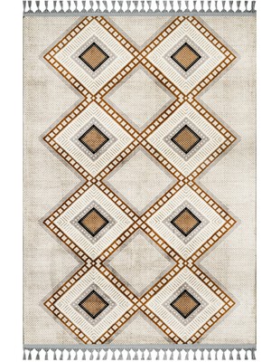 Prabhakar Krem Geometrik Etnik Modern Desenli Bambu Makinada Yıkanabilir Hav Toz Vermez Leke Tutmayan Kaymaz Taban Dijital Makine Baskı Salon Yolluk Mutfak Halı