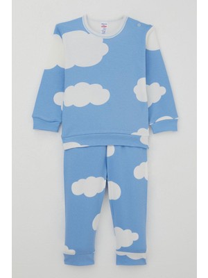 Breeze Erkek Bebek Pijama Takımı Omuzdan Patlı Bulut Desenli 4 Ay-1 Yaş, Mavi