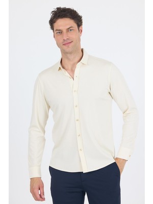 Açık Krem Uzun Kol Düz Örme Polo Yaka Cepsiz Esnek Classic Slim Fit Gömlek 1004250153_650
