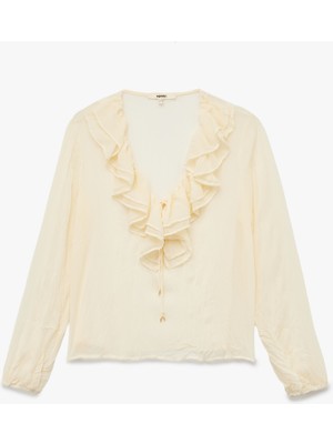 Yarı Transparan Uzun Kollu V Yaka Fırfırlı Şifon Bluz