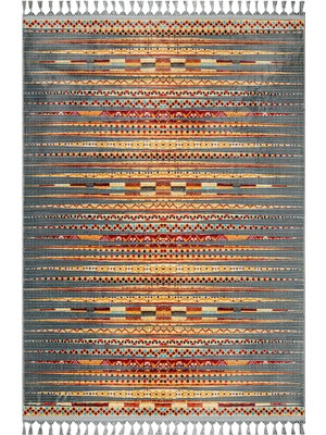Bespoky 100x150 cm Turuncu Koyu Gri Çizgili Bohem Etnik Yıkanabilir Halı | Yatak Odası Mutfak Halısı | Leke Tutmayan, Kaymaz | MLS-5234