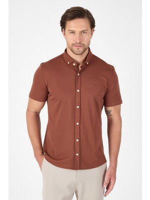 Kiremit Kısa Kol Düğmeli Yaka Cepsiz Performans Ürün Slim Fit  Gömlek 1004250256