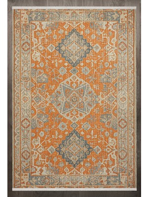  Çerçeveli Turuncu Pamuk Dikdörtgen Modern Desenli Pamuk Makinada Yıkanabilir Hav Toz Vermez Leke Tutmayan Kaymaz Taban Dijital Makine Baskı Salon Yolluk Mutfak Halı