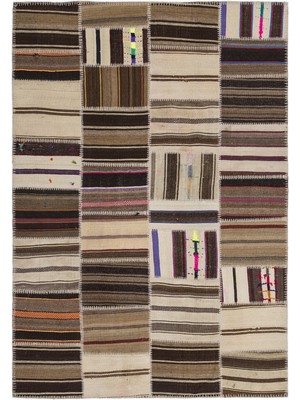 Bespoky Kahverengi, Bej Yama Patchwork Çizgili Halı | Salon Yatak Odası Halısı | UNİQUE-1364
