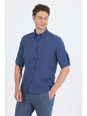 Indigo Mavi Kısalabilir Kol Smart Biritli Yaka Cepsiz  Slim Fit  Gömlek 1004250224