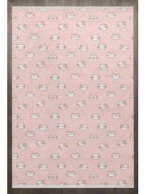  Figürlü Pembe Pamuk Kare Modern Desenli Pamuk Makinada Yıkanabilir Hav Toz Vermez Leke Tutmayan Kaymaz Taban Dijital Makine Baskı Salon Yolluk Mutfak Halı