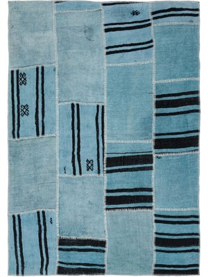 Bespoky 159x227 cm Gri Açık Mavi Yama işi Bohem Geometrik Halı | Salon Yatak Odası Halısı | UNİQUE-36955