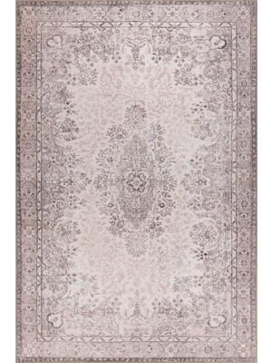 Bespoky 150x150 cm Bej Krem Eskitme Vintage Bitkisel Yıkanabilir Halı | Salon Yatak Odası Halısı | Leke Tutmayan, Kaymaz | BA45-KARE