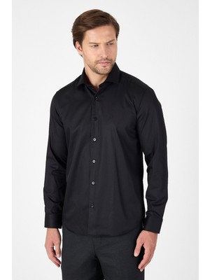 Siyah Uzun Kol Yarım Italyan Yaka Cepsiz Non Iron Slim Fit Pamuklu Gömlek 1004250267