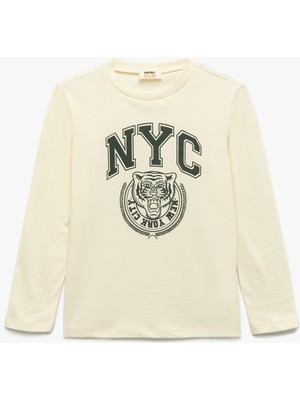 Pamuklu Uzun Kollu Bisiklet Yaka Baskılı Tişört