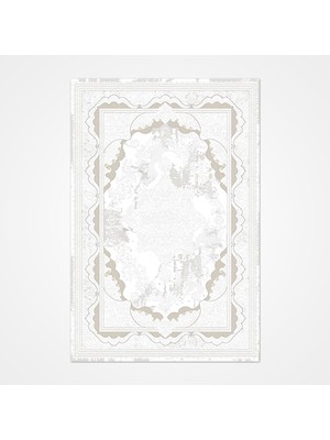 Hali.Net 80x150 cm Beyaz Krem Soyut Modern Klasik Medalyonlu Yıkanabilir Halı | Yatak Odası Mutfak Halısı | Leke Tutmaz Hipoalerjenik | SAFİR-17301