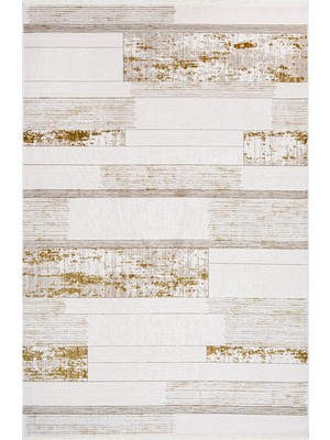 Casayer Çizgili Gold Akrilik Dikdörtgen Modern Desenli Akrilik Hav Vermeyen Leke Tutmayan Kolay Temizlenen Yumuşak Makine Salon Yolluk Mutfak Halı