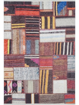Hali.Net 80x250 cm Kırmızı Çok Renkli Geometrik Bohem Patchwork Halı | Mutfak Yolluk Halısı | Hav Vermez Hipoalerjenik | HALN-HLN1623