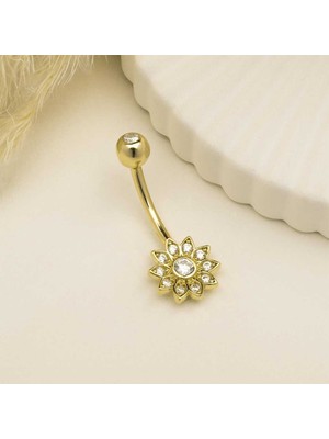 Taşlı Çiçek Motifli Göbek Piercing