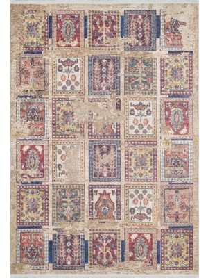 Hali.Net 80x150 cm Bej Mavi Etnik Vintage Patchwork Halı | Salon Mutfak Halısı | Hav Vermez Hipoalerjenik | HALN-HLN1598