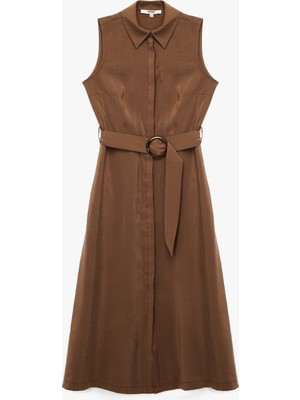 Modal Kumaş Kemerli Uzun Kolsuz Gömlek Elbise