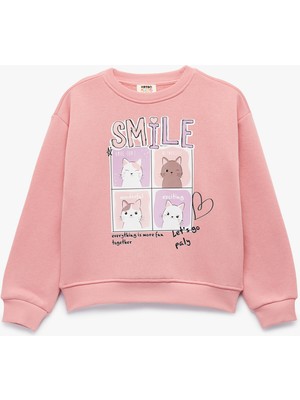 Uzun Kollu Bisiklet Yaka Şardonlu Kedi Baskılı Sweatshirt