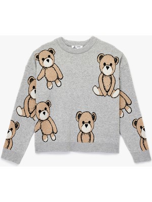 Uzun Kollu Bisiklet Yaka Ayıcık Desenli Triko Kazak