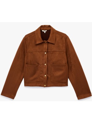 Cepli Uzun Kollu Gömlek Yaka Crop Suni Süet Ceket