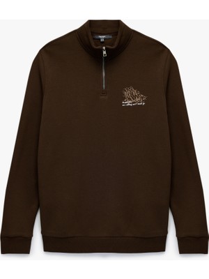 Şardonlu Uzun Kollu Baskılı Yarım Fermuarlı Sweatshirt