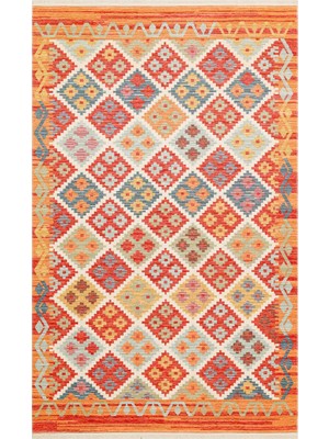 Turuncu Afgan Etnik Modern Desenli Hav Vermeyen Leke Tutmayan Kolay Temizlenen Yumuşak Makine Salon Yolluk Mutfak Halı