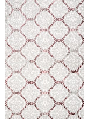 Bespoky Beyaz Bordo Damask Klasik Kaymaz Taban Makinede Yıkanabilir Salon Halısı Dijital Baskı