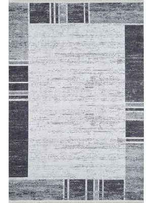 Muradabad Gri Çerçeveli Etnik Modern Desenli Makinada Yıkanabilir Hav Toz Vermez Leke Tutmayan Kaymaz Taban Dijital Makine Baskı Salon Yolluk Mutfak Halı