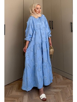 Vespera V Yaka Saçaklı Elbise 1589 - Bebe Mavi