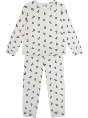 Antebies Organik Gri Yeşil Armut Desenli Beli Lastikli Uzun Kollu Erkek Çocuk Pijama Takımı
