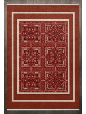  Geometrik Kırmızı Pamuk Dikdörtgen Modern Desenli Pamuk Makinada Yıkanabilir Hav Toz Vermez Leke Tutmayan Kaymaz Taban Dijital Makine Baskı Salon Yolluk Mutfak Halı