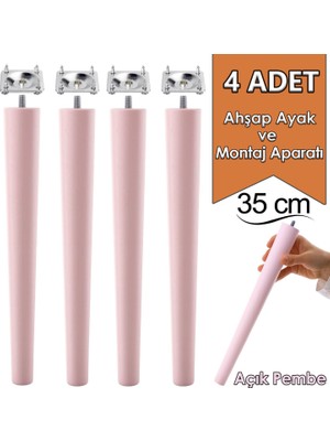 4 Adet Ahşap Ayak 35 cm Açık Pembe M8 Civatalı Bağlantı Aparatlı Mobilya Tabure Sehpa Masa Destek Ayağı