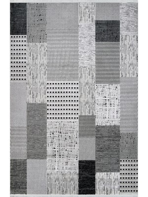 Delaney Patchwork Gri Pamuk Kare Modern Desenli Akrilik Hav Vermeyen Leke Tutmayan Kolay Temizlenen Yumuşak Makine Salon Yolluk Mutfak Halı