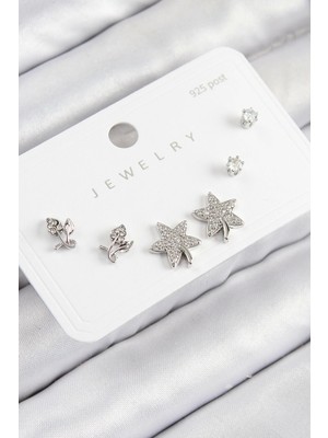 Pirinç Zirkon Taşlı Yıldız ve Gül Model Gümüş Renk 925 Ayar Gümüş Çivi Kadın Küpe Set