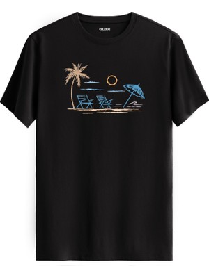 Palmiye Plaj Baskılı Yazlık Günlük Rahat Sokak Modası %100 Pamuk Tişört