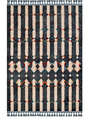 Prarthana Lacivert Modern Etnik Desenli Bambu Makinada Yıkanabilir Hav Toz Vermez Leke Tutmayan Kaymaz Taban Dijital Makine Baskı Salon Yolluk Mutfak Halı