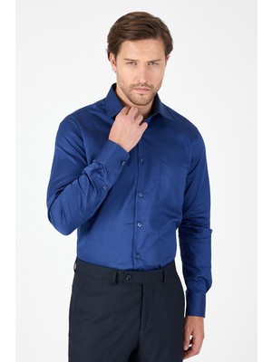 Lacivert Sert Yaka Düz Classic %100 Pamuk Comfort Fit Gömlek 1004250323