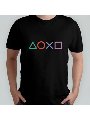 Pixxa Playstation Tuşları Unisex %100 Pamuklu Bisiklet Yaka T-Shirt Model 1