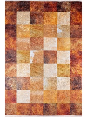 Pekin Turuncu Patchwork Etnik Modern Desenli Makinada Yıkanabilir Hav Toz Vermez Leke Tutmayan Kaymaz Taban Dijital Makine Baskı Salon Yolluk Mutfak Halı