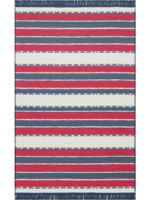 Hali.Net 80x150 cm Kırmızı Mavi Geometrik Nautik Çizgili Halı | Salon Mutfak Halısı | Hav Vermez Leke Tutmaz | RED-NAVY