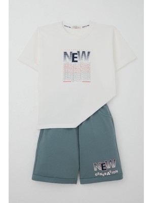 Breeze Erkek Çocuk Şortlu Takım Yazı Baskılı Cepli 8-14 Yaş, Ekru