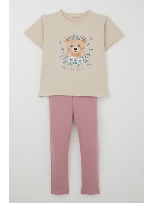 Breeze Kız Çocuk Taytlı Takım Çiçeklerin Kraliçesi Sevimli Ayıcık Baskılı 5-10 Yaş, Bej
