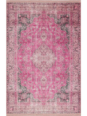 Drom Dokuma Taban Makinede Yıkanabilen Kilim Kaymaz Şönil Halı Vintage Desenli Pembe Halı